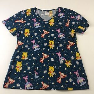 Disney Pooh Eeyore short sleeve scrubs blue print XS